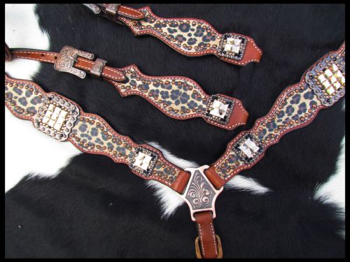 Showman Cheetah print one ear headstall and breast collar set #2